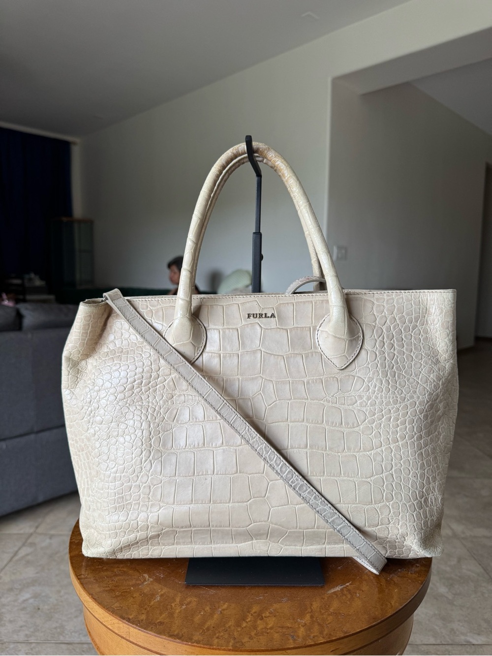 Furla Cream Croc-Embossed Tote with Detachable Strap